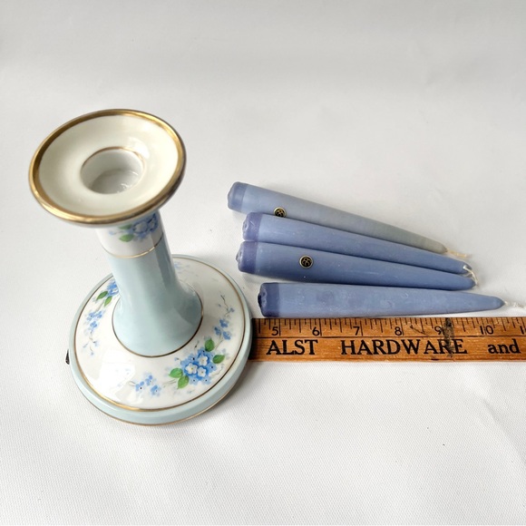 1918 Noritake Antique Candlestick Holder Aqua Porcelain & 4 Periwinkle Candles - Picture 4 of 8